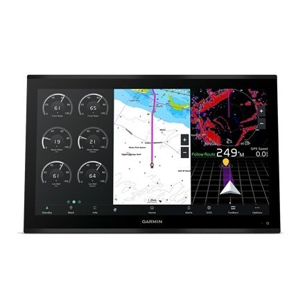 Garmin-plotter med sjökort, fartdata och radarvy för navigering